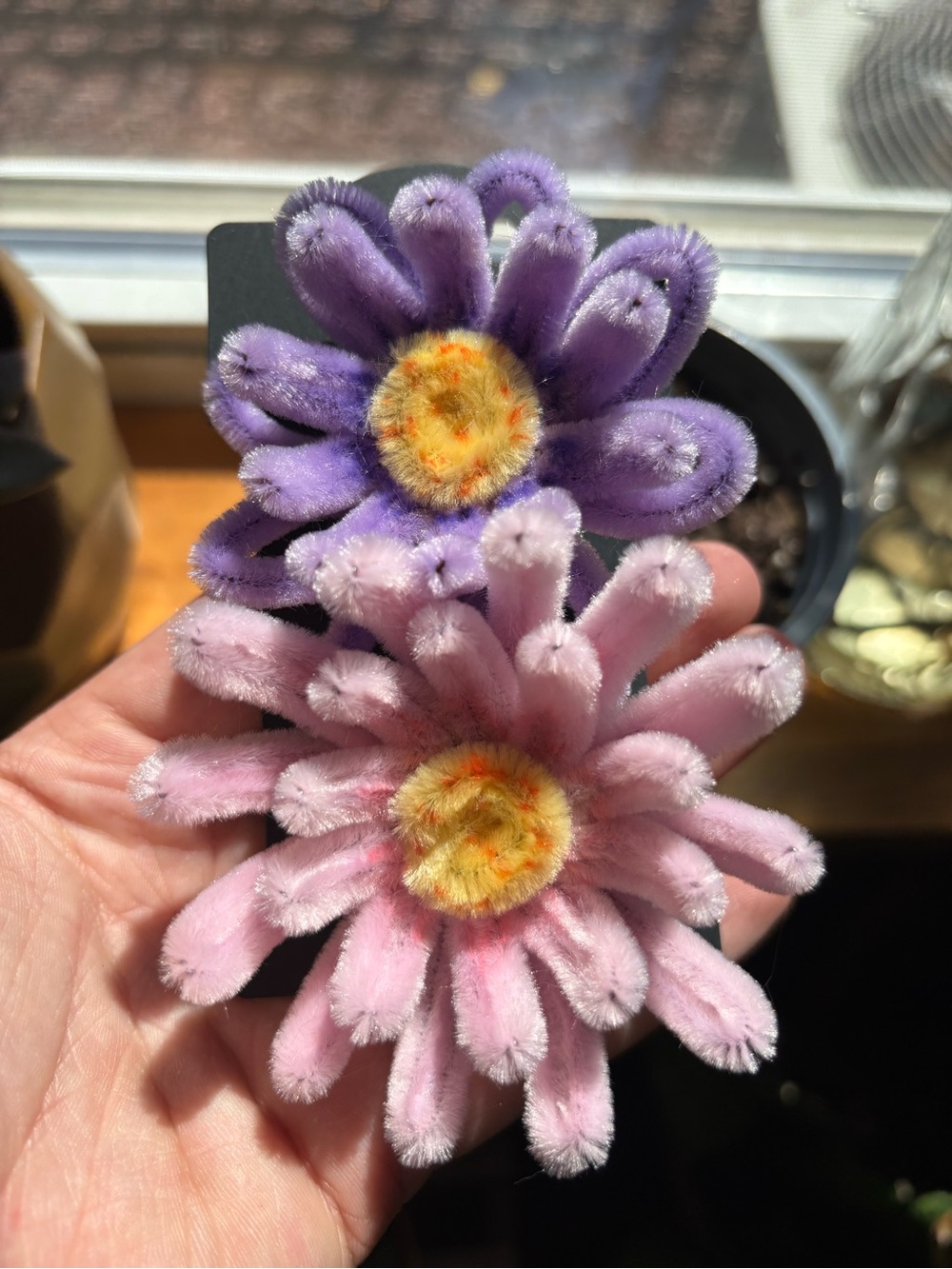 Handmade Plush Flower Hair Clips Pair - Purple & Pink